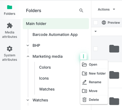 Resources > Media > Folder specific options visible